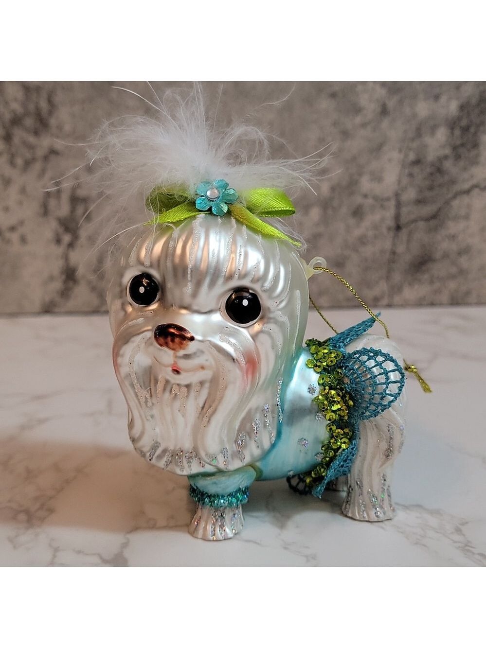 Rare Jim Marvin Glass Blown Maltese Puppy Dog Christmas Ornament